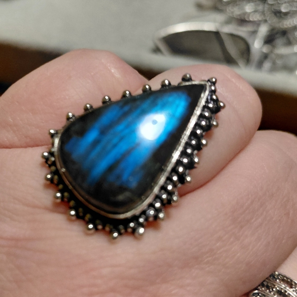 Flash Labradorite Teardrop Ring Size 6.5 - Picture 7 of 10